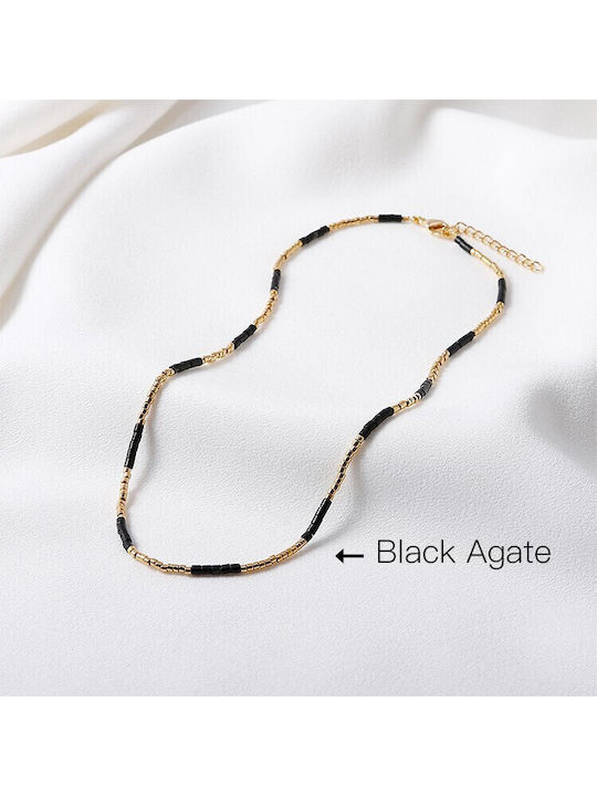 Colier Placat Cu Aur 18k Cu Pietre Semiprețioase Choker Pietre Naturale Agat Negru Sunstone Miyuki Seed Elegant Vania