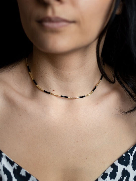 Colier Placat Cu Aur 18k Cu Pietre Semiprețioase Choker Pietre Naturale Agat Negru Sunstone Miyuki Seed Elegant Vania