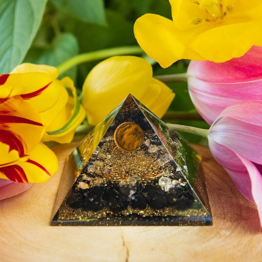 Piramidă Orgone Obsidian Tigru Cristal Cuart Alb Pudră De Cupru Spirale De Cupru