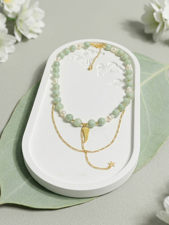 Multilayer Halskette Mit Natürlichen Smaragd Grünen Jade Perlen Vergoldetes Silber