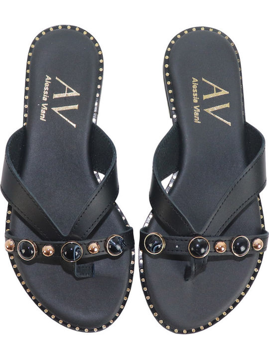 Leder Flache Sandalen Für Damen Schwarz