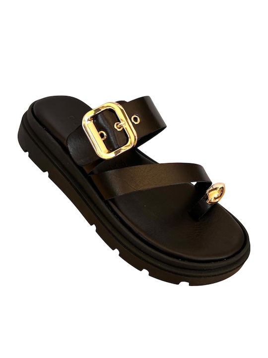 Leather Women's Flat Sandals Flatforms Black