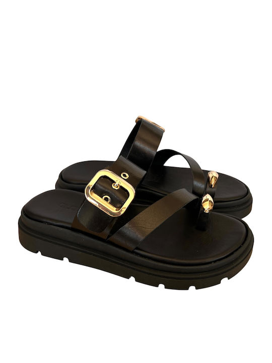 Leather Women's Flat Sandals Flatforms Black