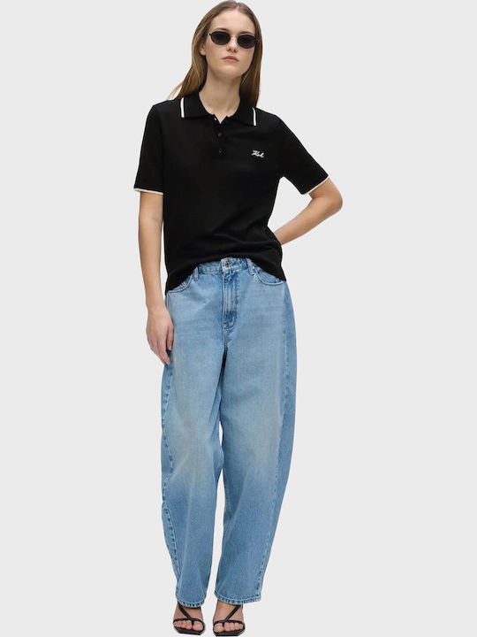 Karl Damen Polo Bluse Gestreift Schwarz