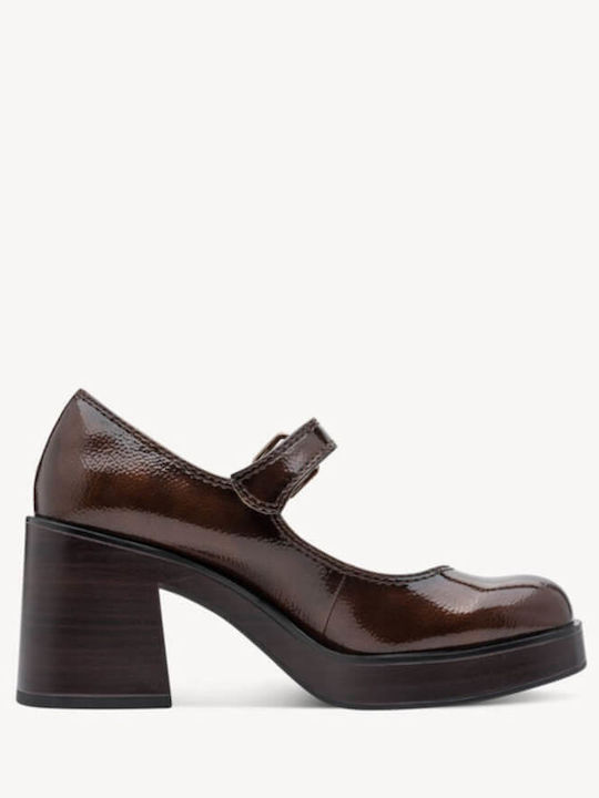 Pointed Toe Heels Made of Patent Leather with Strap and High Heel Brown