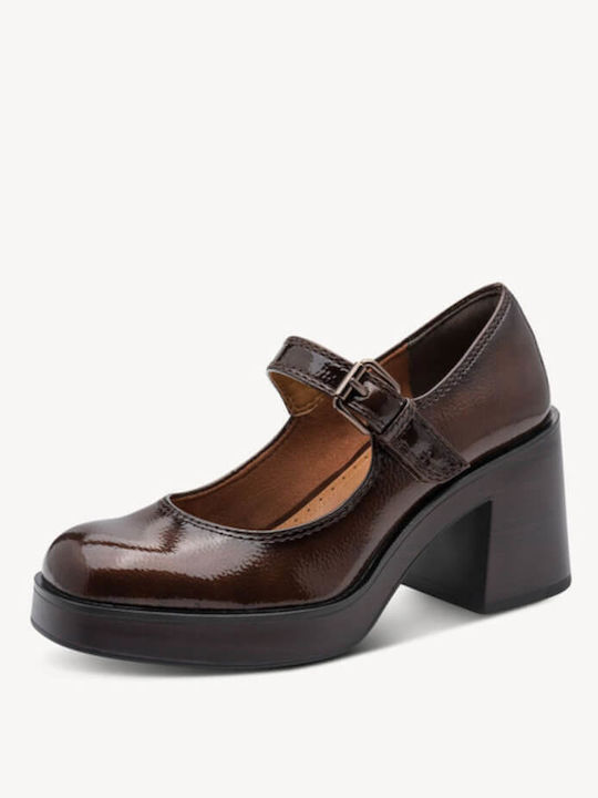 Pointed Toe Heels Made of Patent Leather with Strap and High Heel Brown
