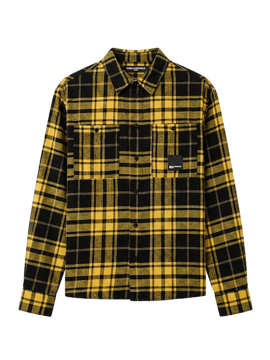 Long Sleeve Denim Overshirt in Regular Fit Checked Yellow- Black