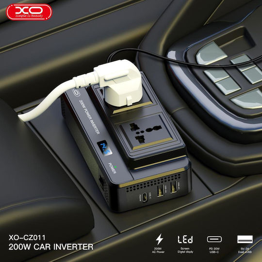 XO Инвертор Cz011 Автомобилен Зарядно Устройство 200W Бързо Зареждане с Портове 2xUSB-A 1xType-C Черен Цвят