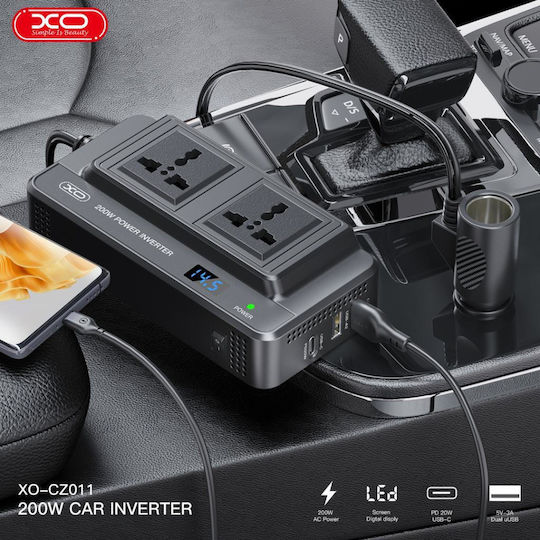XO Инвертор Cz011 Автомобилен Зарядно Устройство 200W Бързо Зареждане с Портове 2xUSB-A 1xType-C Черен Цвят