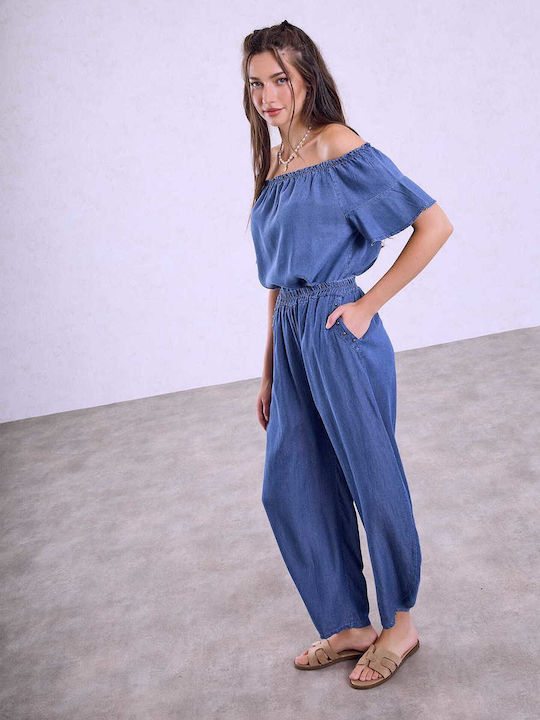 Celestino Pantaloni Dama Trucs Cu Buzunare Lejeri Fit Albastri