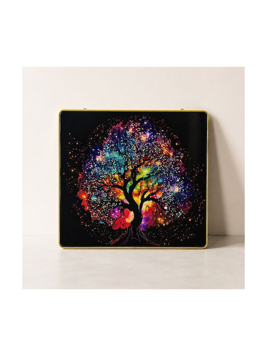 Pictură Decorativă Modernă Copacul Vieții Multicolor 3D Cu Cristale Embosate Cadru Auriu 40x40 Cm