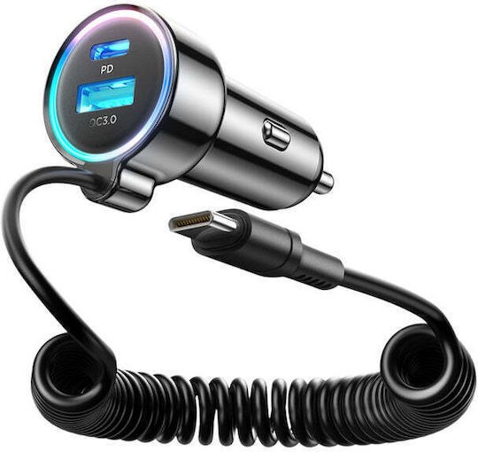 Joyroom JR-CL07 Car Charger 72W 3A Fast Charging with Ports 1xUSB-A 1xType-C with Type-C Cable Black Colour