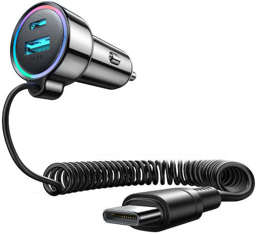 Joyroom JR-CL07 Car Charger 72W 3A Fast Charging with Ports 1xUSB-A 1xType-C with Type-C Cable Black Colour