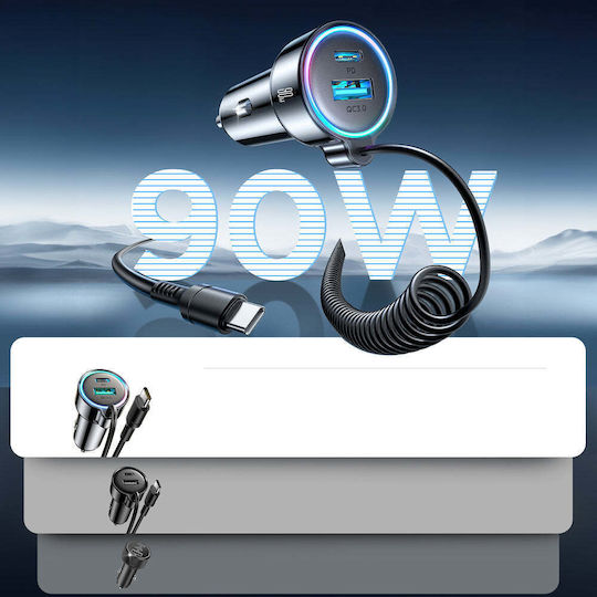 Joyroom JR-CL07 Car Charger 72W 3A Fast Charging with Ports 1xUSB-A 1xType-C with Type-C Cable Black Colour