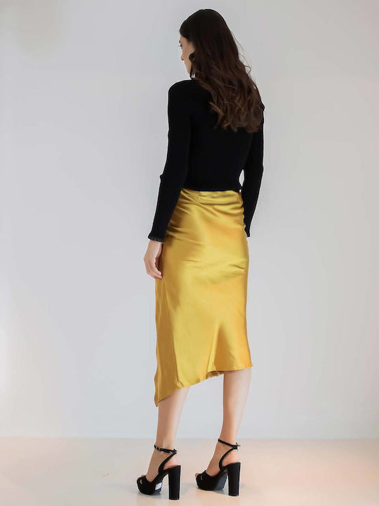 Saten Hohe Taille Midi Damenrock Gold