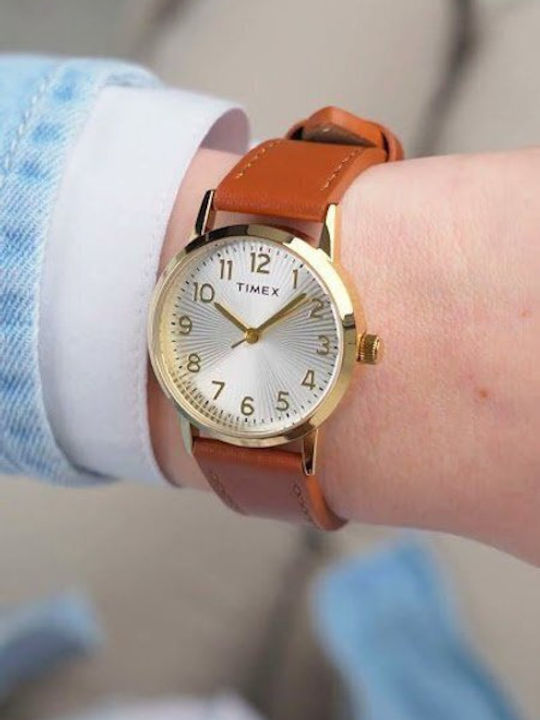 Timex Дамски Часовник 30mm Кварцов с Кафява Кожена Каишка