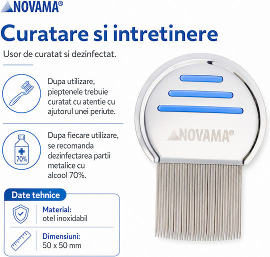 Novama Licer Pieptene pentru îndepărtarea păduchilor și lindinilor Oțel inoxidabil Dinți lungi 50 X 50 Mm