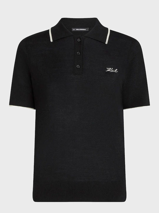 Karl Damen Polo Bluse Gestreift Schwarz