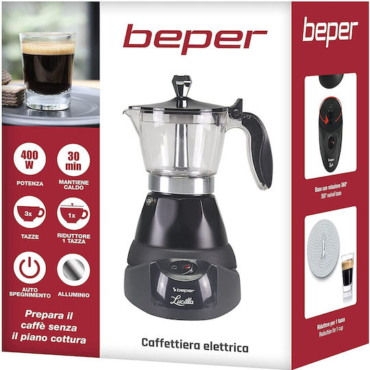 Beper Elektrisches Espressokocher für den Herd 3 Tassen 400W Schwarzes
