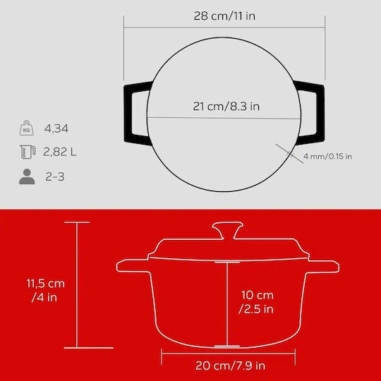 Lava Trendy Βαθιά Κατσαρόλα από Μαντέμι 2.82lt / 20cm Κόκκινη