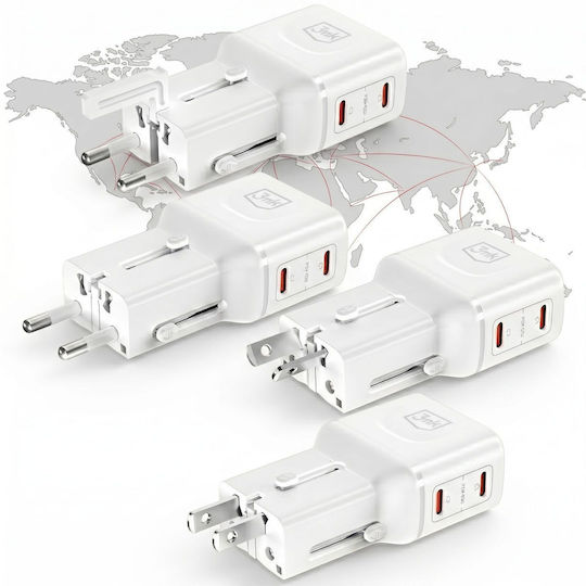 3MK Зарядно Устройство Без Кабел с 2 USB-C Порта 45W Power Delivery / Quick Charge 4.0 Бял (Incharge Globe)