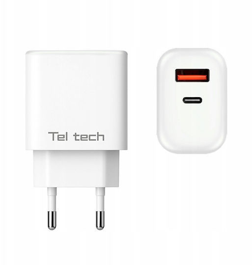 Teltech GaN Handyladegerät Ohne Kabel mit USB-A und USB-C Ausgangsanschlüsse 45W Stromlieferung Weiß (TCH-03)
