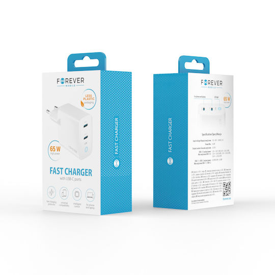 Forever Φορτιστής Χωρίς Καλώδιο GaN με 2 Θύρες USB-C 65W Power Delivery Λευκός (TC-06-65CC)