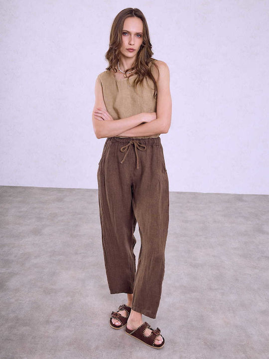 Celestino Women's Linen Plain Dark Brown Trousers