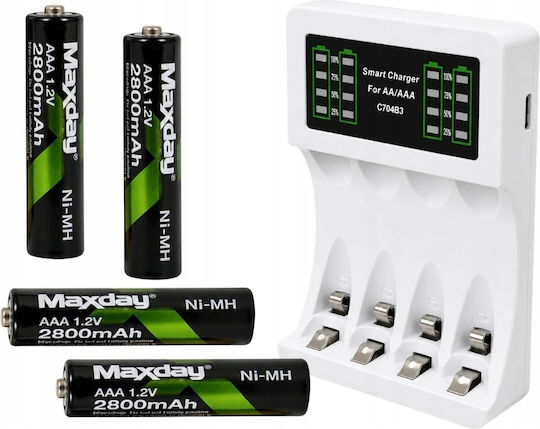 MAXDAY USB Φορτιστής 4 Μπαταριών Ni-Cd/Ni-MH Μεγέθους AA/AAA Σετ με 4 AAA 2800mAh σε Λευκό χρώμα