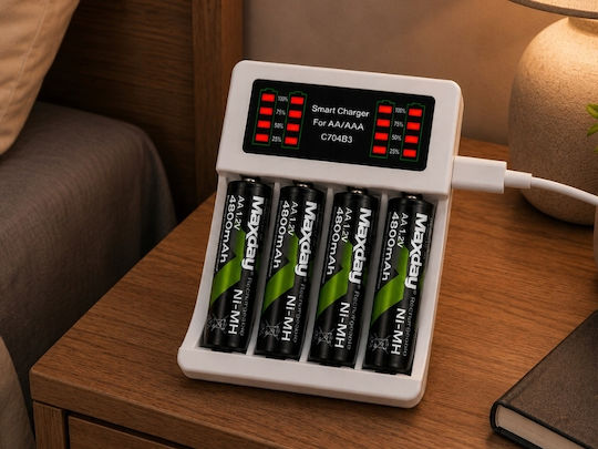 Verk Group Maxday USB Φορτιστής 4 Μπαταριών Ni-Cd/Ni-MH Μεγέθους AA/AAA Σετ με 4 AA 4800mAh σε Λευκό χρώμα