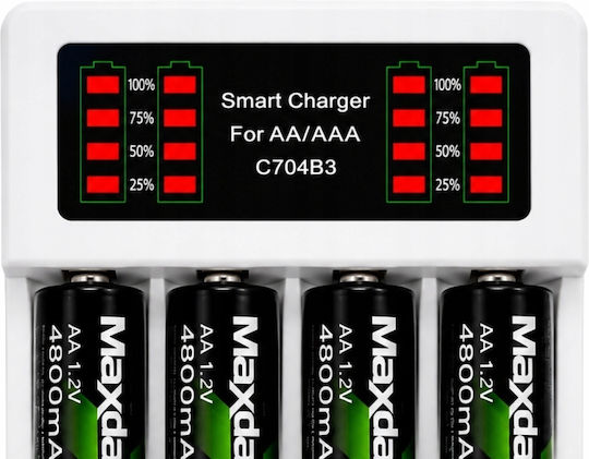 Verk Group Maxday USB Φορτιστής 4 Μπαταριών Ni-Cd/Ni-MH Μεγέθους AA/AAA Σετ με 4 AA 4800mAh σε Λευκό χρώμα