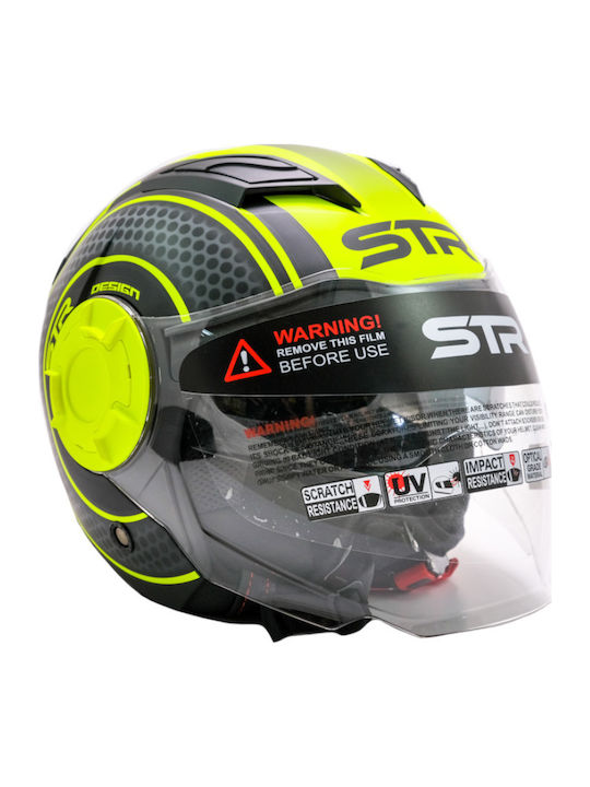 STR Tron Black Matt-Yellow Motorcycle Helmet Jet ECE 22.05 1100gr with Sunvisor