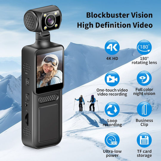 Cameră Video 4K Ultra HD Likesmart Bodycam Flash LED Ecran 1.3" Unghi de Filmare 140° Rotație 180° WiFi Baterie 1500mAh USB Type-C