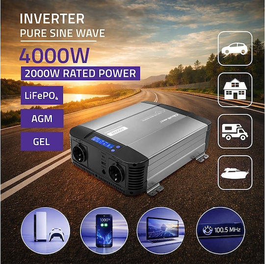 Qoltec Μετατροπέας Τάσης Pure Sine Wave 12v 230v 2000/4000w Lcd Usb Usb-c Συμβατός Lifepo4 Gel Agm