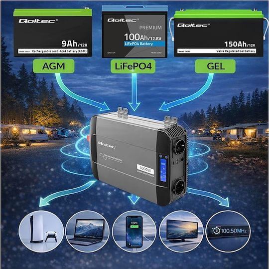 Qoltec Μετατροπέας Τάσης Pure Sine Wave 12v 230v 2000/4000w Lcd Usb Usb-c Συμβατός Lifepo4 Gel Agm