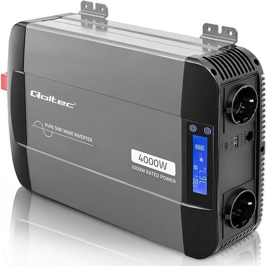 Qoltec Μετατροπέας Τάσης Pure Sine Wave 12v 230v 2000/4000w Lcd Usb Usb-c Συμβατός Lifepo4 Gel Agm