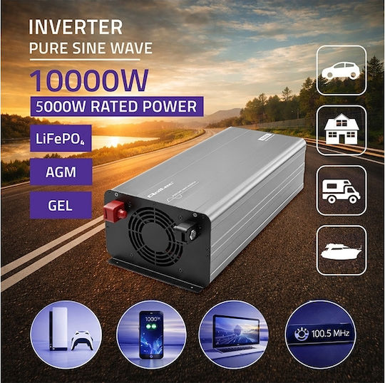 Qoltec Μετατροπέας Τάσης Pure Sine Wave 12v 230v 3000w 6000w Lcd Usb Usb-c Συμβατός Lifepo4 Agm Gel