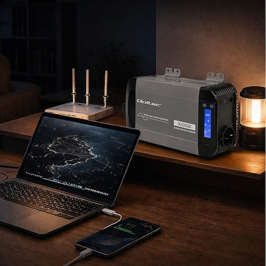 Qoltec Μετατροπέας Τάσης Pure Sine Wave 12v 230v 500/1000w Lcd Usb Usb‑c Συμβατός Lifepo4 Gel Agm