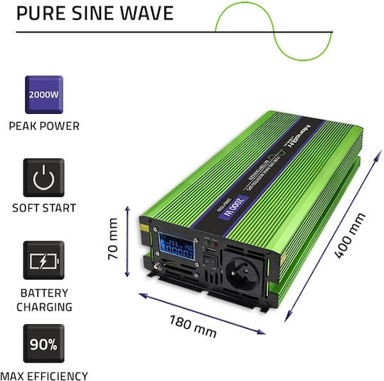 Qoltec Auto-Stromwandler Reine Sinuswelle 2000W für Umwandlung 12V Gleichstrom in 230V AC