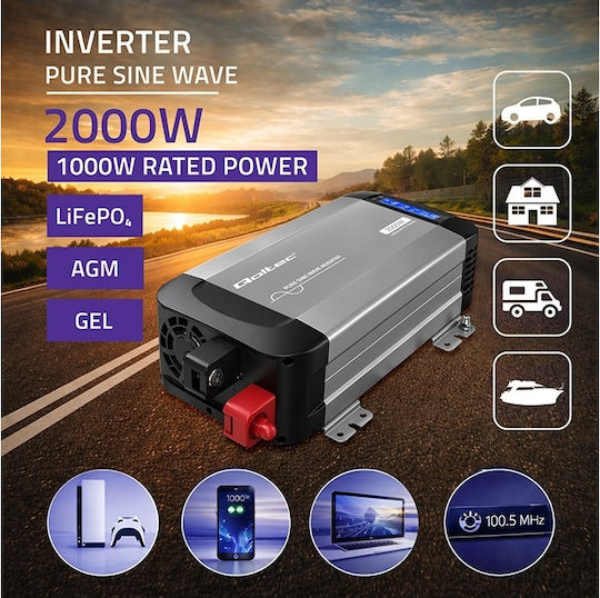 Qoltec Auto-Stromwandler Reine Sinuswelle 12v 230v 1000/2000w Lcd Usb Usb-c kompatibel Lifepo4 Gel Agm