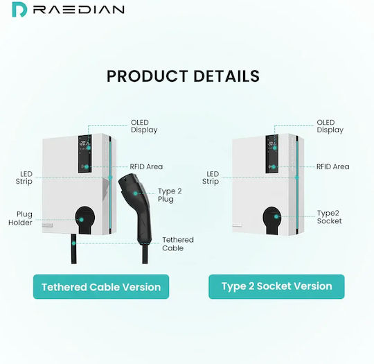 Raedian Wall Mounted Three-Phase Charging Station 22kW with Built-in Type 2 Cable