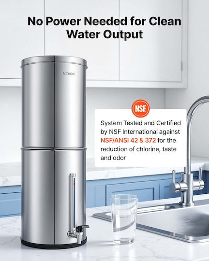 Vevor Water Filtration System Gravity Feed Countertop Water Filtration System Stainless Steel 12.3L 304 Reduces Lead Up To 99% Chlorine 2 Carbon Filters Water Level Faucet Camping At Home