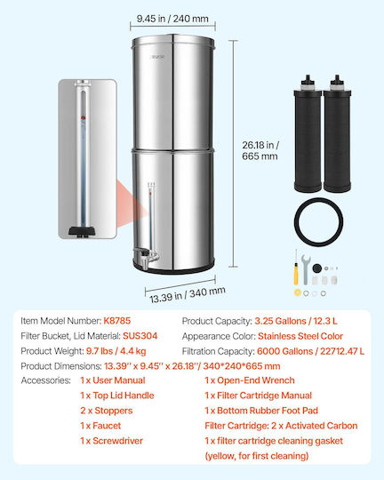Vevor Water Filtration System Gravity Feed Countertop Water Filtration System Stainless Steel 12.3L 304 Reduces Lead Up To 99% Chlorine 2 Carbon Filters Water Level Faucet Camping At Home