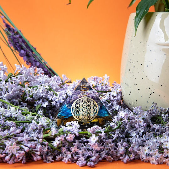 Oseye Orgone Pyramid Made Semi-precious Stones Tiger's Eye Aquamarine Crystals Amethyst Flower Life Symbol