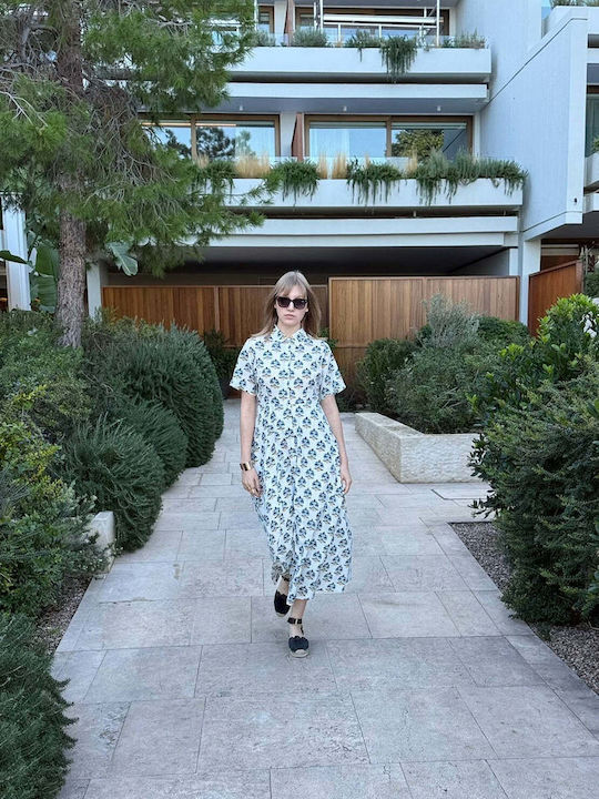 Rochie De Vară Maxi Rochie-Cămașă Albastră