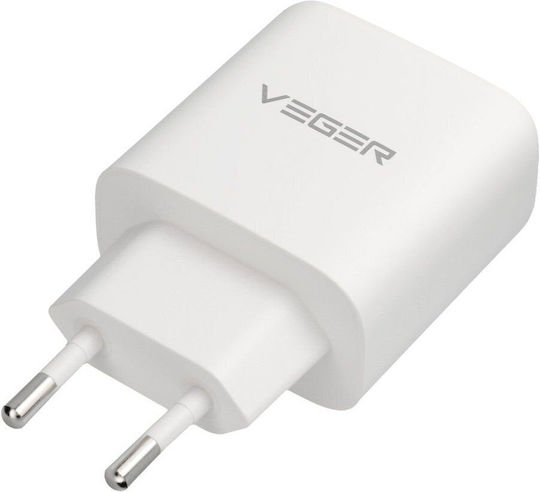 Veger Încărcător cu Port USB-A și Port USB-C și Cablu USB-C - USB-C 65W Power Delivery / Quick Charge 3.0 Alb (TR67)