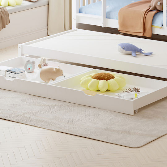 Triplon Kinderbett Koje Einzeln mit Stauraum mit Matratze mit Schiebebett Weiß 90x190cm