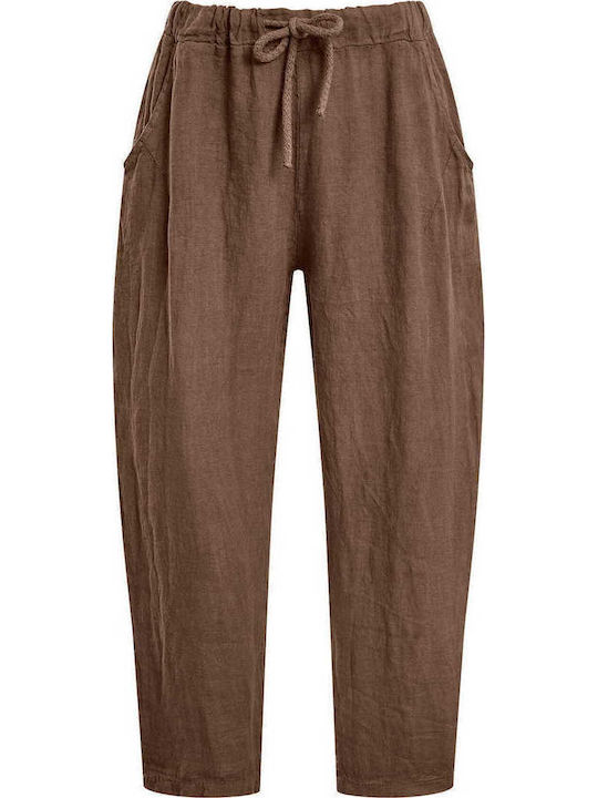 Celestino Women's Linen Plain Dark Brown Trousers