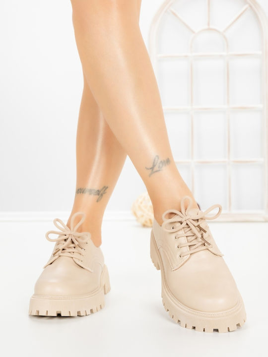 Δερμάτινα Γυναικεία Oxfords σε Μπεζ Χρώμα