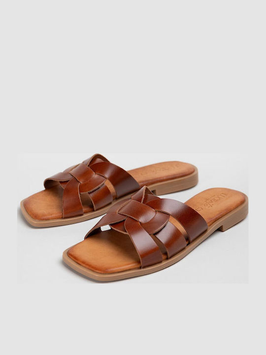Leather Women's Flat Sandals Tabac Brown